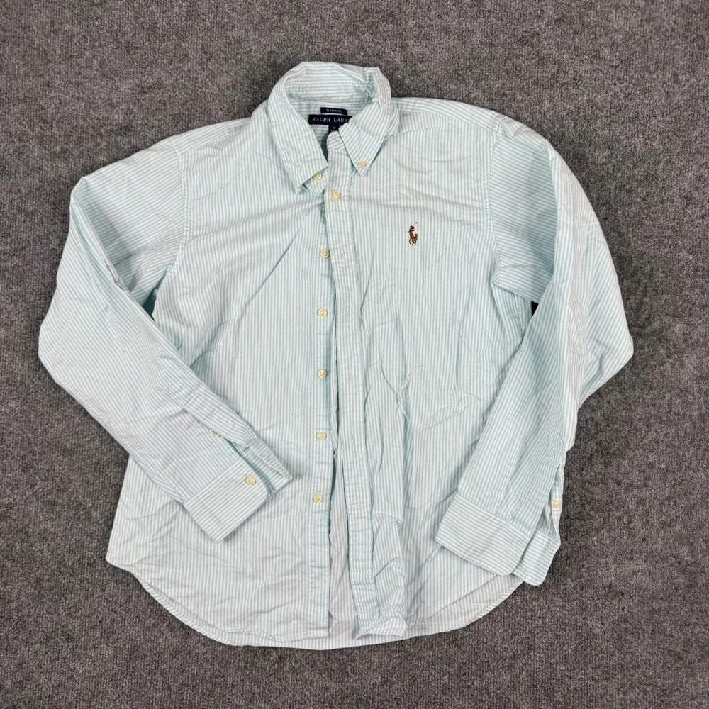 Ralph Lauren Button Down Shirt Girls Size 12 Blue Striped Classic Fit Cotton